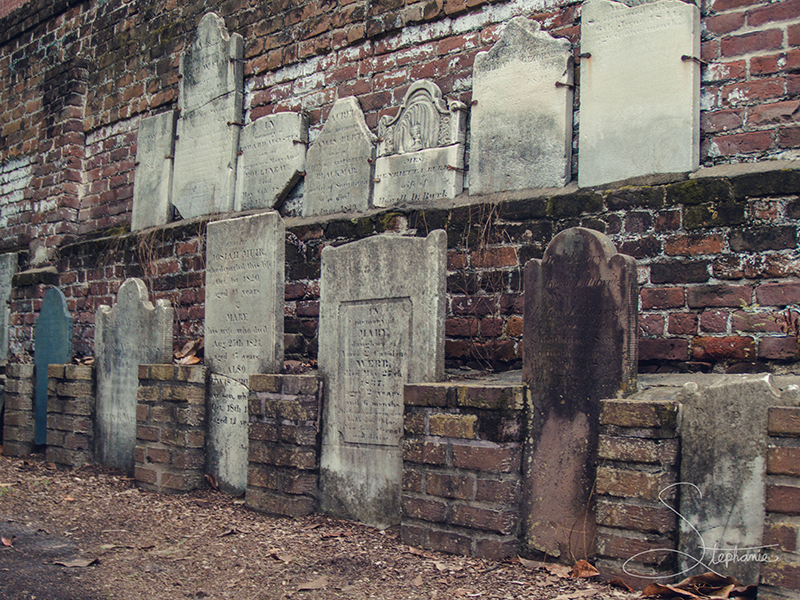 Wall headstones at Colonial Park Cemetery, Savannah, Georgia.